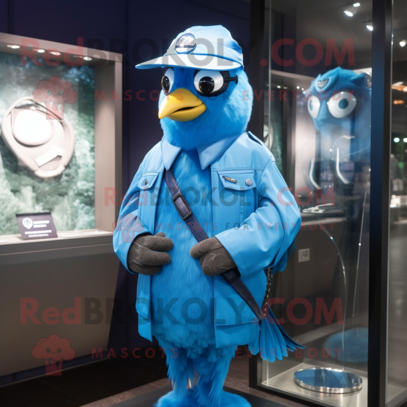 Sky Blue Blue Jay mascot costume character dressed with a Raincoat and Bracelet watches