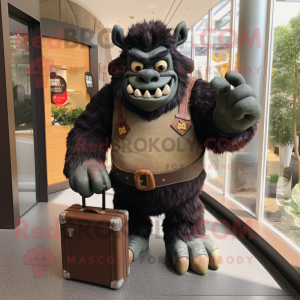 Black Ogre mascot costume character dressed with a Button-Up Shirt and Briefcases