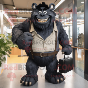 Black Ogre mascot costume character dressed with a Button-Up Shirt and Briefcases