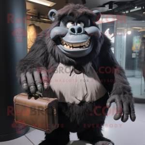 Black Ogre mascot costume character dressed with a Button-Up Shirt and Briefcases