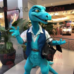 Teal Velociraptor mascot costume character dressed with a Shift Dress and Wallets