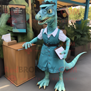 Teal Velociraptor mascot costume character dressed with a Shift Dress and Wallets