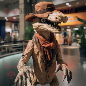 Tan Deinonychus mascot costume character dressed with a Coat and Hat pins