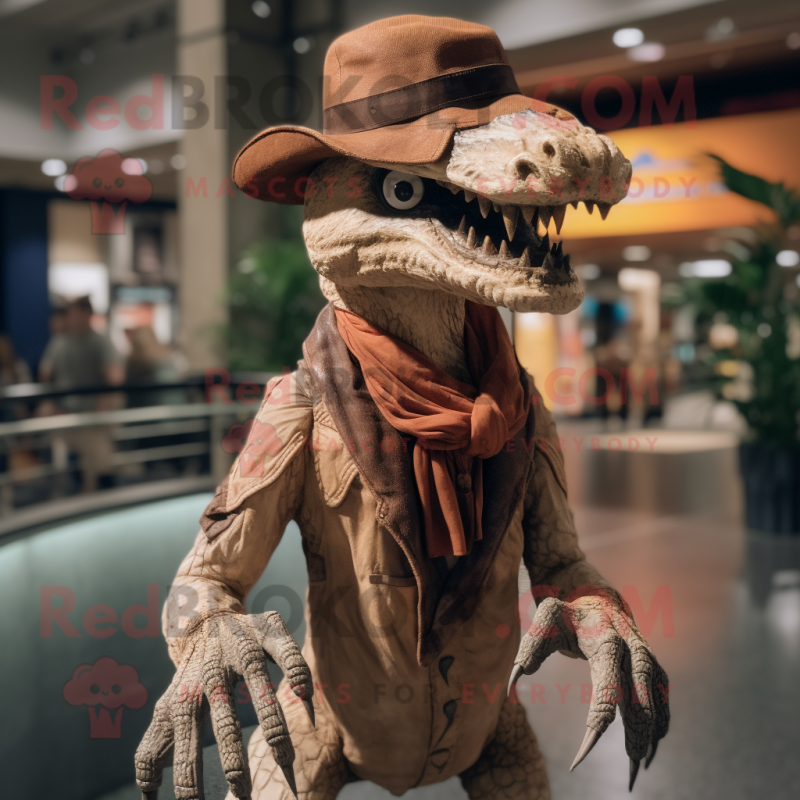 Tan Deinonychus mascot costume character dressed with a Coat and Hat pins