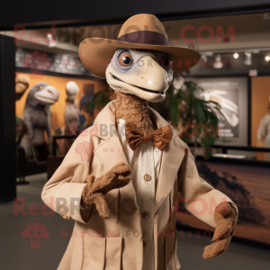 Tan Deinonychus mascot costume character dressed with a Coat and Hat pins