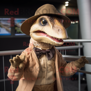 Tan Deinonychus mascot costume character dressed with a Coat and Hat pins