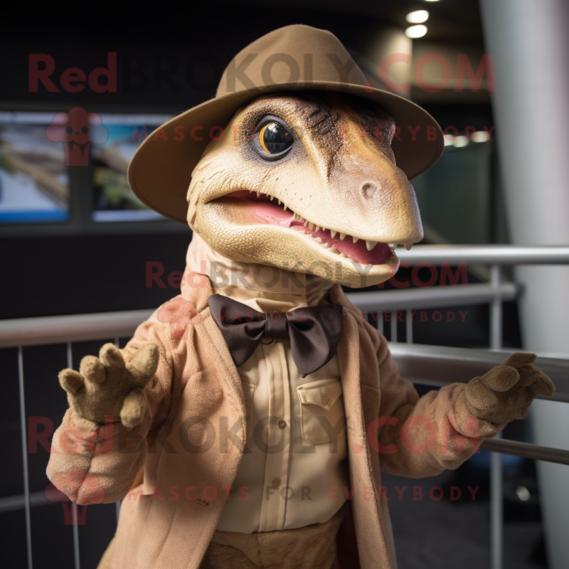 Tan Deinonychus mascot costume character dressed with a Coat and Hat pins Tan Deinonychus mascot costume character dressed with a Coat and Hat pins