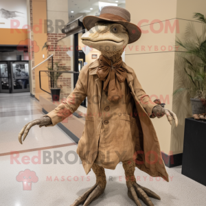 Tan Deinonychus mascot costume character dressed with a Coat and Hat pins