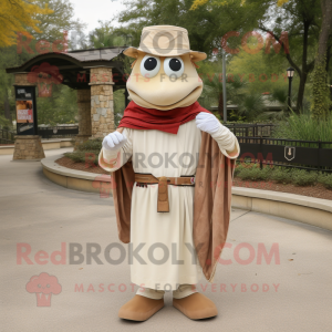 Beige Jambalaya mascot costume character dressed with a Mom Jeans and Shawl pins