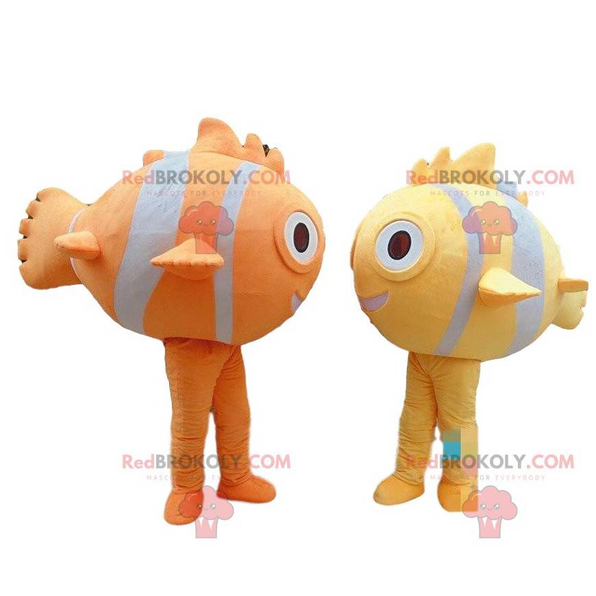 Maskottchen von bunten Fischen, gelben Fischen, Orangenfischen Maskottchen von bunten Fischen, gelben Fischen, Orangenfischen