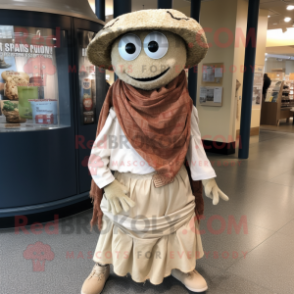 Beige Jambalaya mascot costume character dressed with a Mom Jeans and Shawl pins