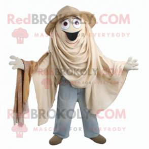 Beige Jambalaya mascot costume character dressed with a Mom Jeans and Shawl pins