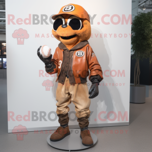 Rust Baseball Ball mascot costume character dressed with a Moto Jacket and Scarves