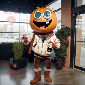 Rust Baseball Ball mascot costume character dressed with a Moto Jacket and Scarves