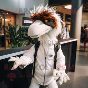 White Deinonychus mascot costume character dressed with a Parka and Hair clips