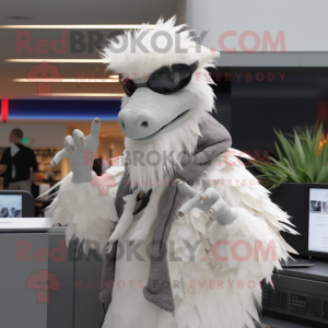 White Deinonychus mascot costume character dressed with a Parka and Hair clips