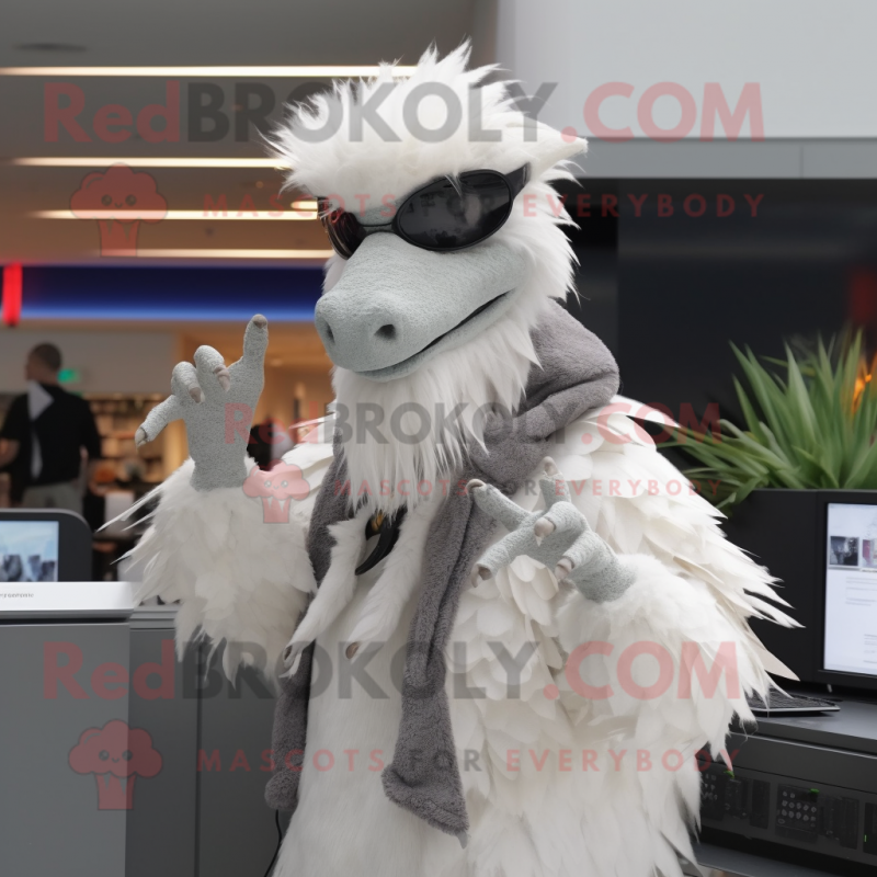 White Deinonychus mascot costume character dressed with a Parka and Hair clips White Deinonychus mascot costume character dressed with a Parka and Hair clips