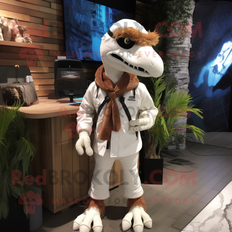 White Deinonychus mascot costume character dressed with a Parka and Hair clips