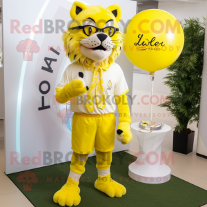 Lemon Yellow Lynx mascot costume character dressed with a Polo Tee and Tie pins