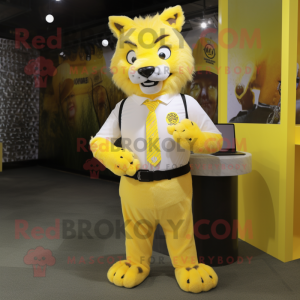 Lemon Yellow Lynx mascot costume character dressed with a Polo Tee and Tie pins