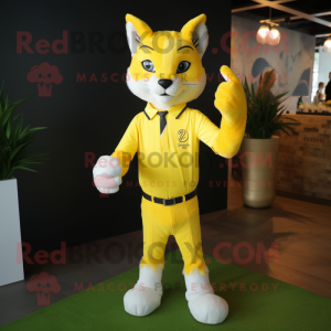 Lemon Yellow Lynx mascot costume character dressed with a Polo Tee and Tie pins
