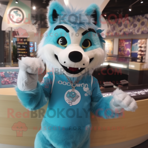 Cyan Say Wolf mascot costume character dressed with a Mini Dress and Bracelets