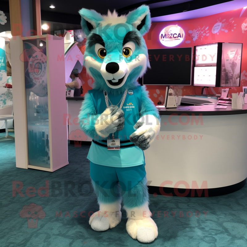 Cyan Say Wolf mascot costume character dressed with a Mini Dress and Bracelets