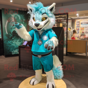 Cyan Say Wolf mascot costume character dressed with a Mini Dress and Bracelets
