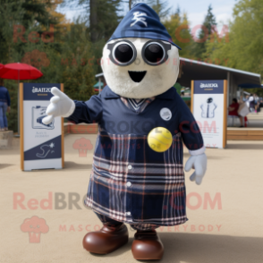 Navy Petanque Ball mascot costume character dressed with a Flannel Shirt and Shawls