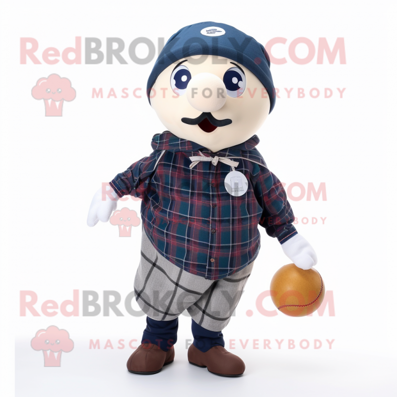 Navy Petanque Ball mascot costume character dressed with a Flannel Shirt and Shawls
