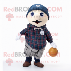 Navy Petanque Ball mascot costume character dressed with a Flannel Shirt and Shawls