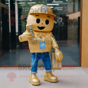 Gold Phone mascot costume character dressed with a Denim Shorts and Cufflinks