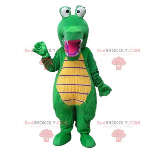 Mascote de crocodilo verde e amarelo, fantasia de crocodilo -