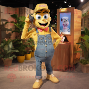Gold Phone mascot costume character dressed with a Denim Shorts and Cufflinks