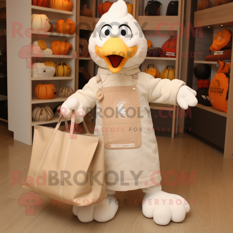 Cream Turkey mascot costume character dressed with a Romper and Tote bags Cream Turkey mascot costume character dressed with a Romper and Tote bags