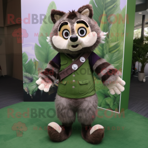 Olive Raccoon mascot costume character dressed with a Romper and Earrings