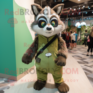 Olive Raccoon mascot costume character dressed with a Romper and Earrings