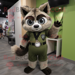 Olive Raccoon mascot costume character dressed with a Romper and Earrings