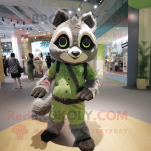 Olive Raccoon mascot costume character dressed with a Romper and Earrings