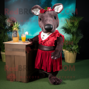 Maroon Tapir mascot costume character dressed with a Cocktail Dress and Suspenders