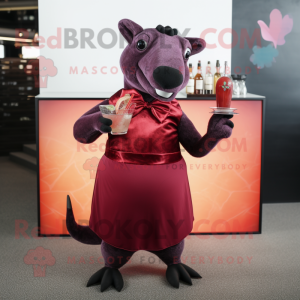 Maroon Tapir mascot costume character dressed with a Cocktail Dress and Suspenders