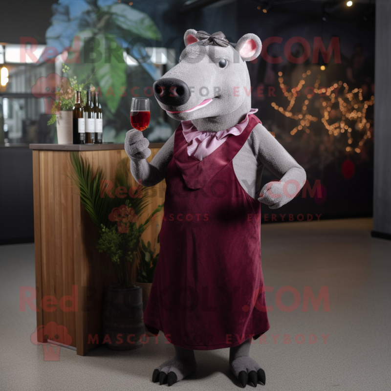 Maroon Tapir mascot costume character dressed with a Cocktail Dress and Suspenders Maroon Tapir mascot costume character dressed with a Cocktail Dress and Suspenders