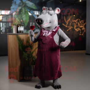 Maroon Tapir mascot costume character dressed with a Cocktail Dress and Suspenders