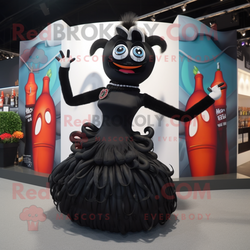 Black Contortionist mascot costume character dressed with a Cocktail Dress and Keychains Black Contortionist mascot costume character dressed with a Cocktail Dress and Keychains