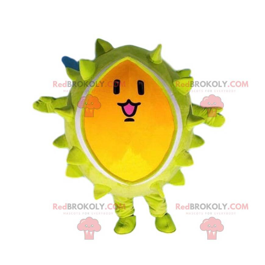 Mascotte de durian, costume de fruit jaune géant -