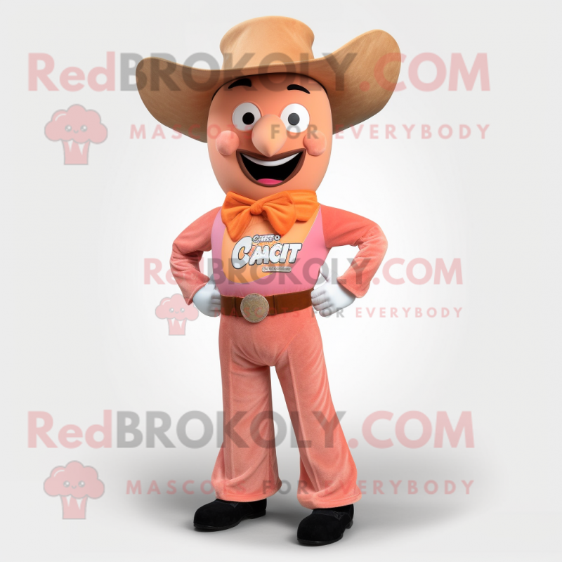 Peach Cowboy mascot costume character dressed with a Capri Pants and Cufflinks Peach Cowboy mascot costume character dressed with a Capri Pants and Cufflinks