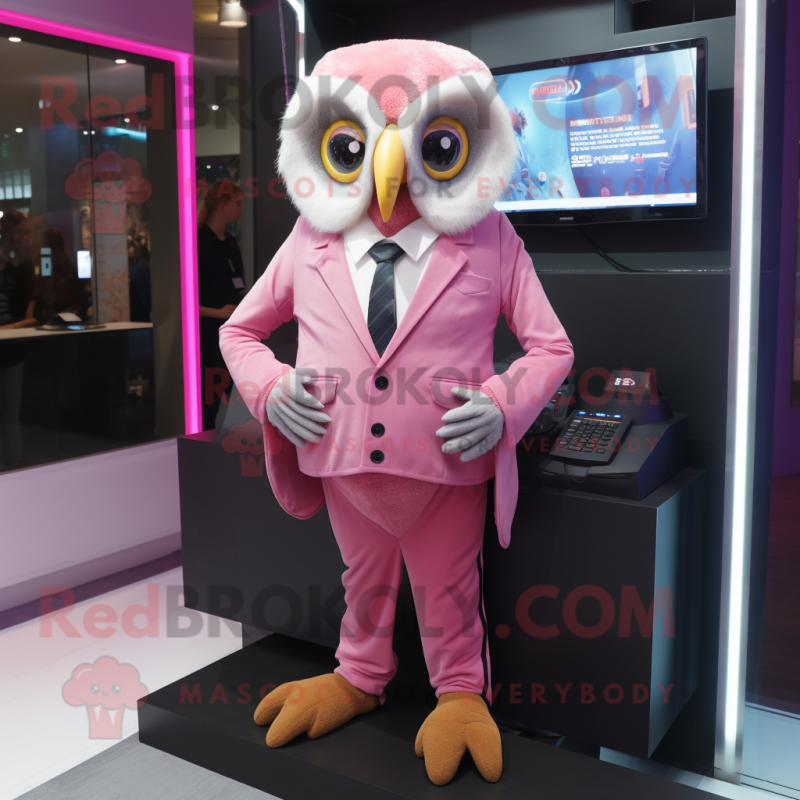Pink Owl mascot costume character dressed with a Suit Pants and Watches Pink Owl mascot costume character dressed with a Suit Pants and Watches