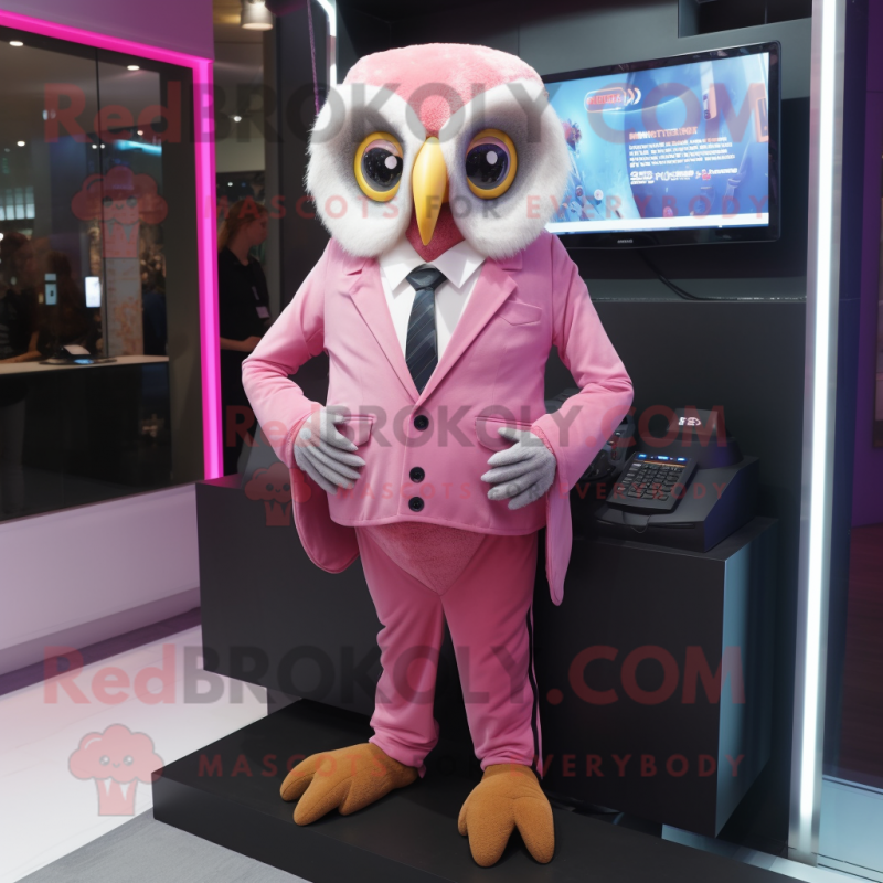 Pink Owl mascot costume character dressed with a Suit Pants and Watches