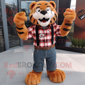Rust Saber-Toothed Tiger mascot costume character dressed with a Flannel Shirt and Suspenders