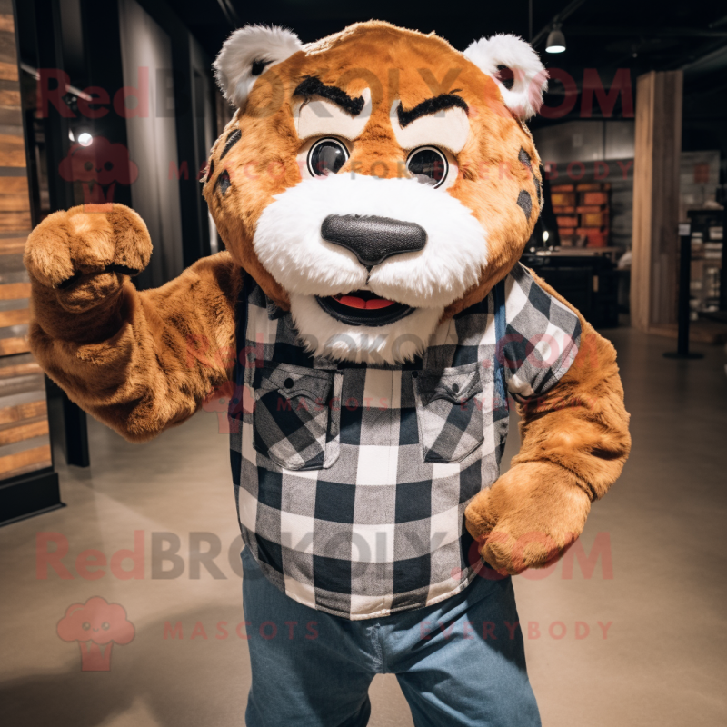 Rust Saber-Toothed Tiger mascot costume character dressed with a Flannel Shirt and Suspenders